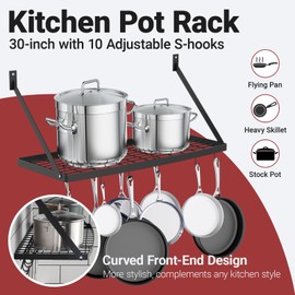 Hoooh 30-Inch Kitchen Pot Rack - Matte Black Wall-Mounted Cookware Hanging Racks, Heavy Duty Iron Shelf with 10 S-Hooks, Space-Saving Organizer for Pots, Pans & Cooking Utensils