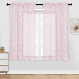 DWCN Floral Lace Sheer Curtains - Short Curtains Floral Lace Design Rod Pocket Window Voile Sheer Drapes for Kitchen Bedroom Living Room 52 x 54 inches Long Curtain Panels, Set of 2, Sakura Pink