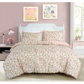 Chezmoi Collection Winika 3-Piece Floral Comforter Set Full - Multicolor Pink Red Green Gray Floral Flowers Printed Microfiber Lightweight Bedding Set for All Season