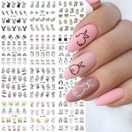 12 Sheets Bunny Nail Art Stickers Easter Water Transfer Nail Decals Cute Rabbit Cartoon Nail Design Abstract Line Rabbit Nail Sticker Easter Nail Art Supplies for Women Girls Kids DIY Nail Decoration