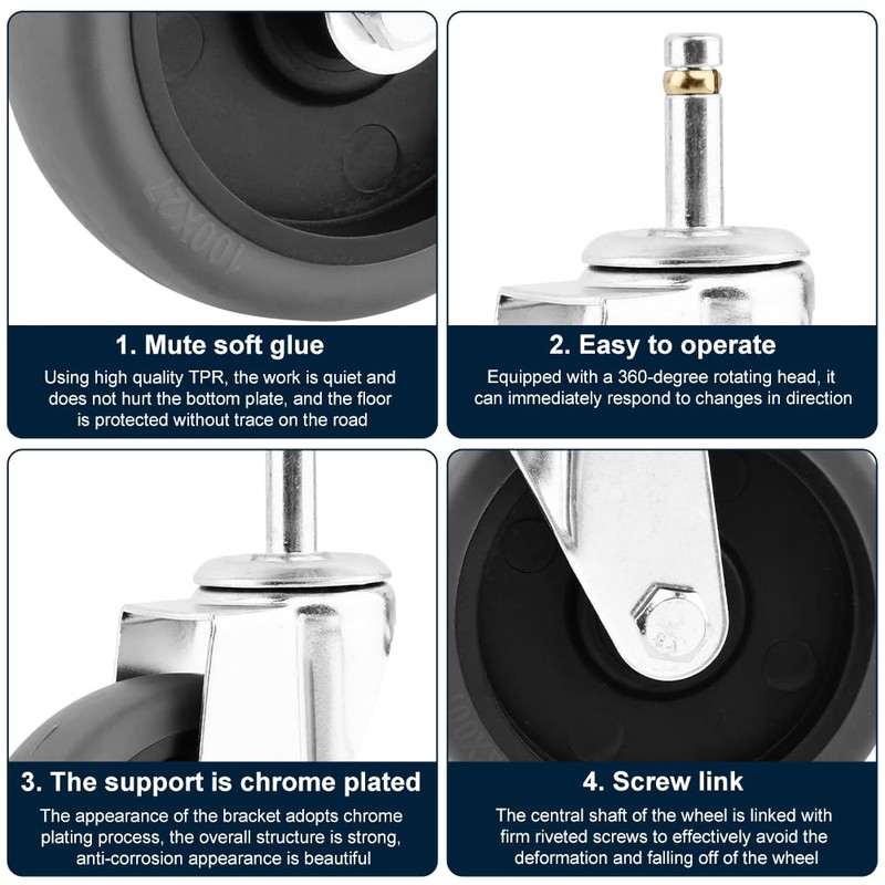 4 Pack 4 Inches Swivel Stem Caster, 7/16-Inch Stem Diameter