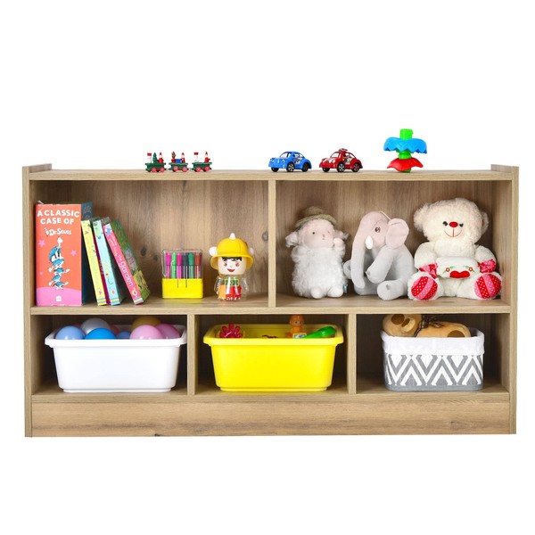 FIREFLOWERY 2 Tier Wooden Kids Toy Organizer, Book Shelf with