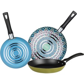 Ekco 3-Piece Frying Pan Set (7.1, 7.9 & 9.4 IN) For all Stovetops, Dishwasher Safe - Lightweight Aluminum Skillets, Non-Stick & Riveted Bakelite Handle (Photopaint Blue & Green) PFOA & PTFE Free