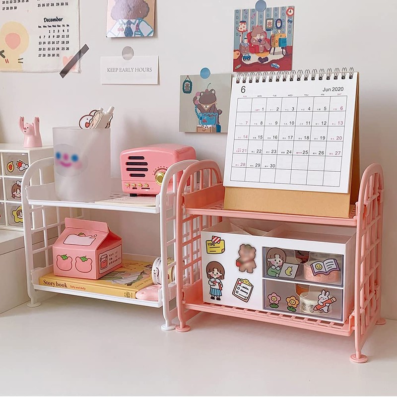 QUMENEY Desktop Rack Cosmetic Stationery Storage Holder, 2-Tier Multifunctional Plastic