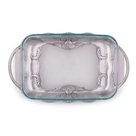 Arthur Court Metal Pyrex Glass Casserole Dish Holder Fleur-De-Lis Pattern Sand Casted in Aluminum with Artisan Quality Hand Polished Design Tanish-Free 17 inch long, 3 quart capacity