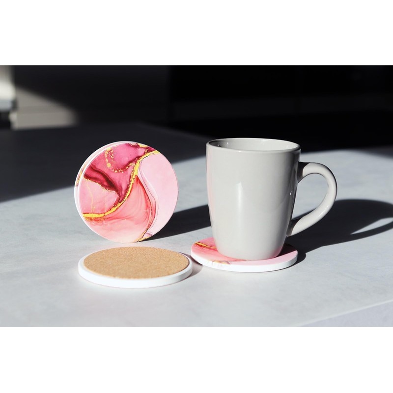 Set of 4 Ceramic Drink Coasters Pink Marble Pattern -