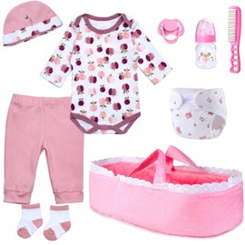 9 Pcs Reborn Baby Doll Accessories Pink Clothing Set with Bassinet for 17-22 Inch Reborn Baby Dolls Clothes Girl Cute Apple Patterns