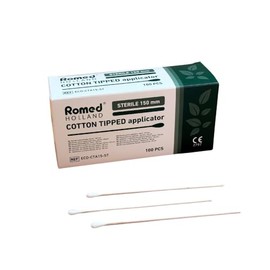 Romed Cotton Buds 150mm Sterile Single Sided Pack of 100 - Medical Care Sticks Wooden Stick Individually Wrapped ECO-CTA15-ST