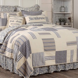 Doylestown Twin Patchwork and Floral Quilt, 100% Cotton Reversible Bed Quilt with Gingham Check, Grain Sack and Blue Ticking Stripes for Boho Chic and Rustic Farmhouse Bedroom Decor (86”x68”)