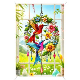 BlissYard Spring Window Curtain 31 x 47 Inch Bird Floral Pattern Wreath Window Cover Window Banner Background Flowers Colorful Hanging Banner Seasonal Spring Decor Home Door Window Banner Decorations