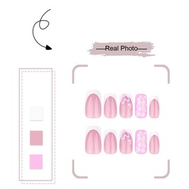 Flowers Press on Nails Square Medium Fake Nails White French Tip False Nails Pink Glossy Full Cover Acrylic Nails Summer Glue on Nails Heart Artificial Stick on Nails for Women Manicure DIY