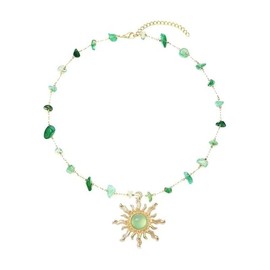 A-yeite Boho Sun Choker Necklace Nature Stone Sun Pendant Necklace Healing Crystal Green Necklace Christmas Jewelry for Women Party Outfit Accessories