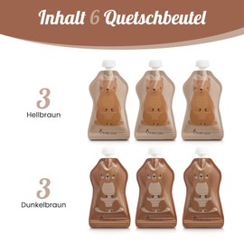 BABYLEDO Reusable Squeeze Bags for Babies and Children, 6 Pack, 150 ml, BPA Free, Double Zip Closure, Suitable for Freezing and Defrosting, Dishwasher Safe [Brown]