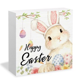 HYKDFMNCJ Happy Easter Bunny Wooden Box Sign Desk Decor, Easter Rabbit Decor, Spring Floral Egg Bunny Wood Signs for Bedroom Home Office Desk Table Shelf Decorations, 5x5 Inch