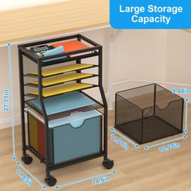 BOHDK Rolling File Cart, 6-Tier Under Desk Organizer on Lockable Wheels, Black Wood Planks & Mesh File Cart with Sliding Drawer and Paper Trays for Office Home School, 14.8" L x 11.8" D x 27.7" H