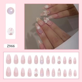 24 Pcs Spring Press on Nails Short Almond,YIHONGYAN 3D Butterfly Bow Charms Fake Nails Press ons French Nail Tip Acrylic Nail Art Kit Glue on Nails Full Cover False Nails Glitter Stick on Nails Women