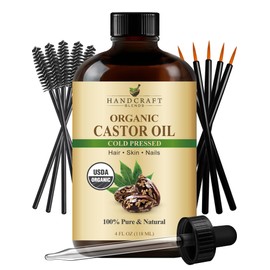 Handcraft Blends Cold-Pressed Organic Castor Oil 4 Fl Oz | Glass Bottle | Lash Brushes | 100% Pure and Natural | Premium Grade Carrier Oil | Hair, Eyelashes and Eyebrows | Hair and Body