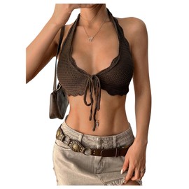 MakeMeChic Women's Crochet Tie Front Halter Tops Open Back Sleeveless Y2k Crop Tops, Coffee Brown, X-Small