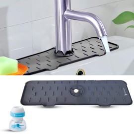 Kitchen Sink Splash Guard with Expendable Faucet Nozzle Silicone Faucet Mat Handle Drip Catcher Tray Soap Sponge Holder Faucet Guard and Draining Mat 17x7 Inches for Kitchen and Bathroom Sink Mat Grey
