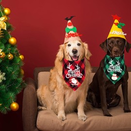 STMK 2 Pack Christmas Plaid Dog Bandanas, Merry Christmas Holiday Plaid Dog Bandanas for Large Medium Dog Christmas Costume Decorations (Red & Green, Snowman & Santa)