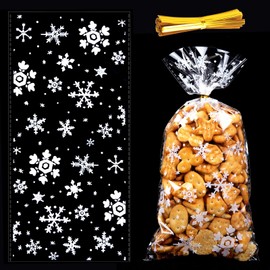 MELLIEX 100pcs Christmas Cellophane Bags, Clear Sweet Treats Snowflake Gift Bags with 200pcs Twist Tie for Party Favors