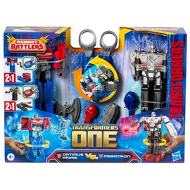 Transformers Transformers One Robot Battlers, Pack de 2 Figurines Optimus Prime et Megatron avec Bases de Combat, Accessoires de Bataille et Modes Convertibles, Jouets pour Enfants Ds 6 Ans