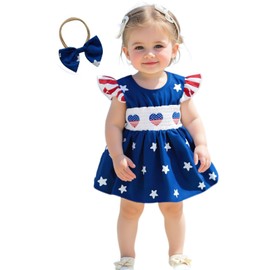 Kuriozud My First 4th Of July Baby Girl Outfit American Flag Romper Dress Newborn Fourth Of July Smocked Dress Cute Clothes (American Flag Blue, 0-3 Months)