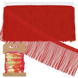Swpeet 5 Yard × 4 Inch Red Fringe with Sequin Trim, Fabric Fringe, Chainette Trim, Tassel, Sewing Fringe Trim for Clothes Accessories Wedding Latin Dress Lamp Shade DIY Craft Decoration
