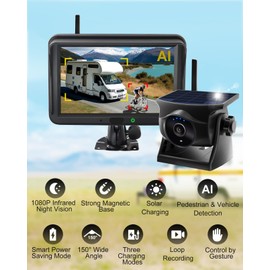 Magnetic Solar Wireless Backup Camera: AI Pedestrian & Vehicle Detection, 1-Min Install, No Wiring/Drilling, Gesture Control,Rechargeable Battery, Night Vision, 5" 1080P Monitor for RV, Trailer, Truck