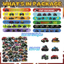 CZWXOXO 74Pcs Monster Car Theme Party Favors: 24 Slap Bracelets & 50 Stickers, Car Theme Party Decorations