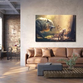 SOPAMI Christian Wall Art, Jesus Running Towards Wolf and Lamb Picture Wall Art,Canvas Wall Art for Living Room Ready to Hang for Church, Room, Bedroom, Office 36"x24"