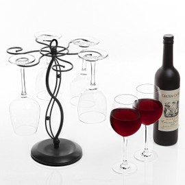 MyGift Scrollwork Black Metal Countertop Wine Glass Cup Holder Stand/Freestanding Tabletop Stemware Storage Drying Rack with 6 Hooks for Home Bar Kitchen