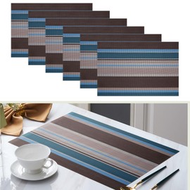 Elistonie Set of 6 Colorful Striped Vinyl Placemats Heat-Resistant Washable Placemats Non-Slip Woven Table Mats Wipeable Placemat for Kitchen Dining Table Decoration Indoor Outdoor (Blue&Brown)