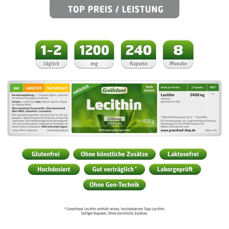 Lecithin, 1200 mg, 240 capsules, high dose, without artificial additives,