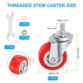 PATIKIL 2 Inch Swivel Caster Wheels Set of 4, M8 x 15mm Ball Bearings Threaded Stem PVC Castors Total Load Capacity 264Lbs with Nuts Gaskets Wrench for Furniture Chairs Trolley, Red