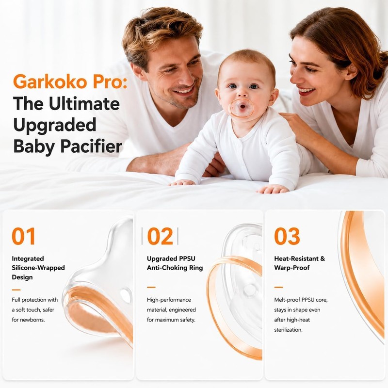 Garkoko Baby Pacifiers 0-18 Months(2-Pack), One-Piece Silicone Pacifier with Heat-Resistant