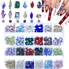 HNUIX Nail Rhinestones - Colorful gems, Multiple Shapes Crystals, Round Flatback Rhinestones for Nails, 1920Pieces Diamonds