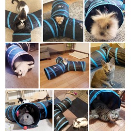 Pawaboo Cat Tunnel Tube - 3-Way Tunnels 25x53cm Extensible Collapsible Play Tent Interactive Toy Maze House Bed With Balls and Bells for Kitten Kitty Rabbit Small Animal, Blue