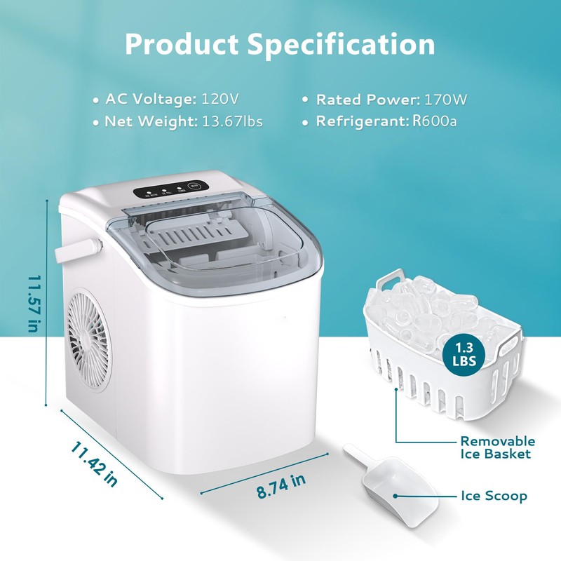 EUHOMY Countertop Ice Maker Machine with Handle, 26lbs Per Day,