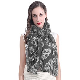 Lina & Lily Candy Skull Print Women's Scarf Shawl Wrap Lightweight (Dark Grey)