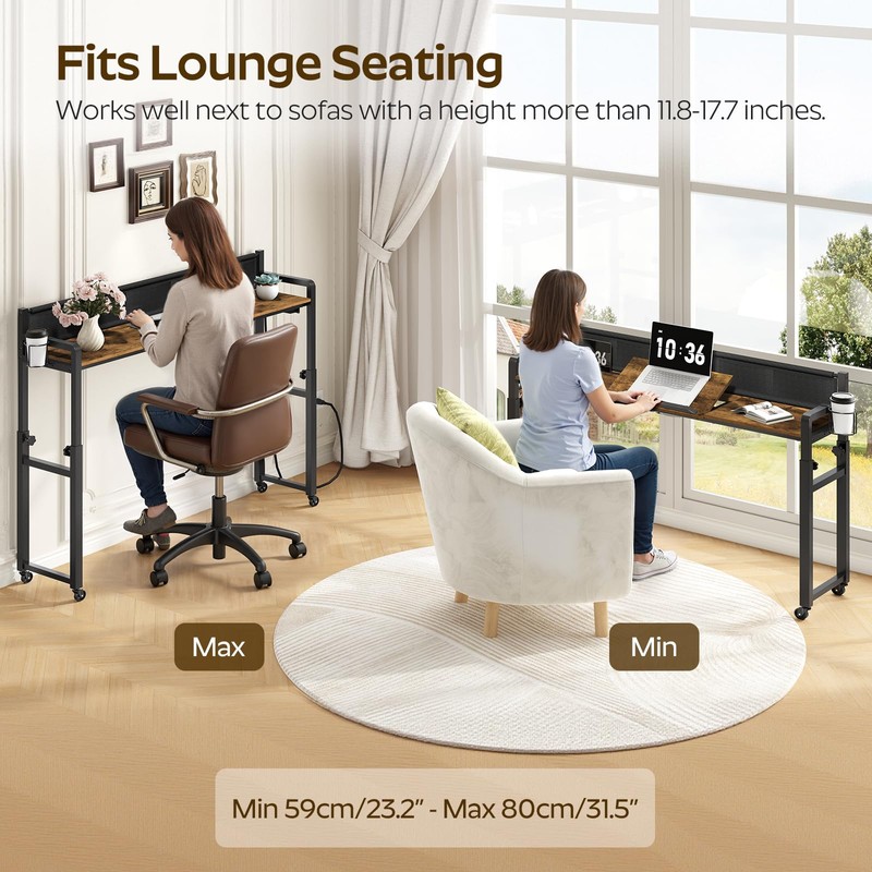 Overbed Table with Wheels, Height Adjustable, Recliner Table with Charging