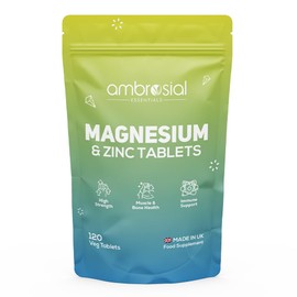 Ambrosial Magnesium & Zinc Tablets – Magnesium Citrate with Zinc Citrate – 160 mg Elemental Mag. + 5 mg Elemental Zinc – Dual Mineral Support – UK Made, Vegan, GMP Certified – 120 Tablets