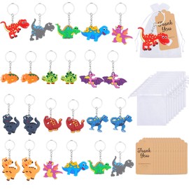 Party Favours Key Chains, Pack of 24, 12 Styles Dinosaur Keyrings for Children, Small Animal Bag Pendant with Organza Bag, Kraft Tags for Wedding, Birthday, Communion Gift
