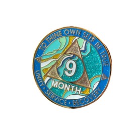 9 Month AA Medallion Elegant Marble Caribbean Aqua Glitter Sobriety Chip