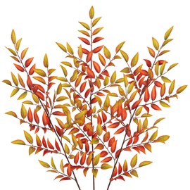 Hollyone 3 Pcs Artificial Fall Leaves Stems Branches 32" Fake Peach Leaves Branches Long Stems Fall Leaves Shrubs Silk Autumn Leaf Bushes Faux Foliage Thanksgiving Festival Home Decor Yellow & Orange