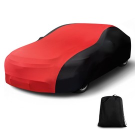 CEMOFE Indoor Car Cover, Universal Stretch Satin Windproof Dust Protection for 189-205 Inch Cars, Breathable Soft Full Cover with Storage Bag for Underground Garage, Car Show, Red & Black