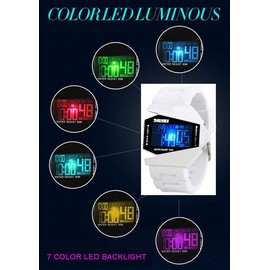 Gosasa Men Sports Military Watches Digital Airplane Shaped LED Colorful Light Watches (Black) (White)