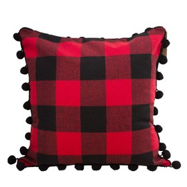 Fennco Styles Buffalo Plaid Red and Black with Pom Pom Design 17-Inch Square Decorative Throw Pillow for Holiday, Christmas, Home and Bedroom Décor