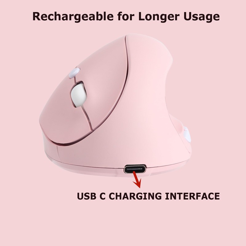 Wireless Mouse Ergonomic Vertical Pink Rechargeable Silent Upright Comfortable Carpal