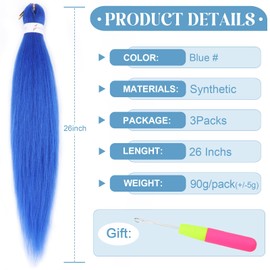 WacanDan Blue Braiding Hair Pre stretched 26 Inch 3 Packs, Professional Soft Yaki Texture Long Braid Extensions, Hot Water Setting for Box Braids Twist & Crochet Braids